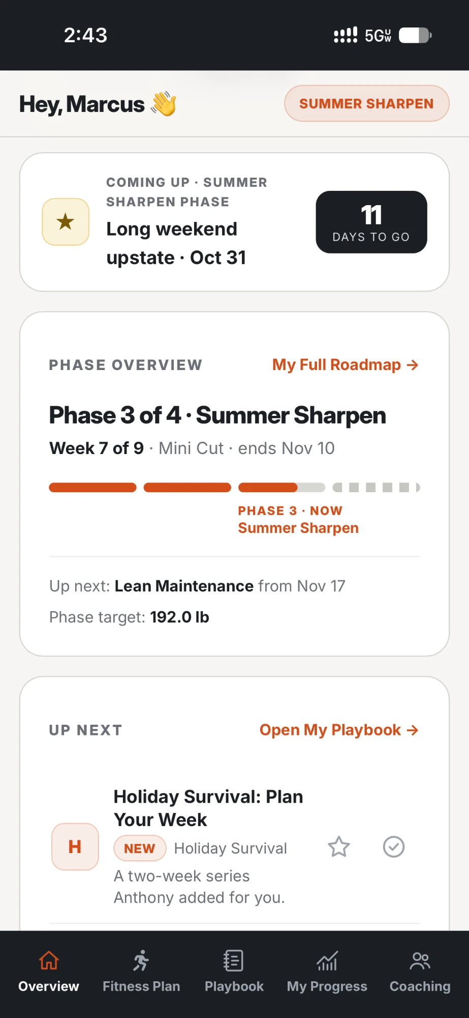 The Anthony Nehra Fitness coaching app on a phone, showing the client overview