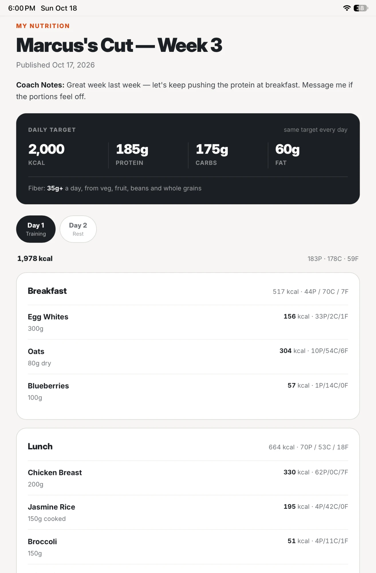 The Anthony Nehra Fitness coaching app on a tablet, showing a weekly nutrition plan